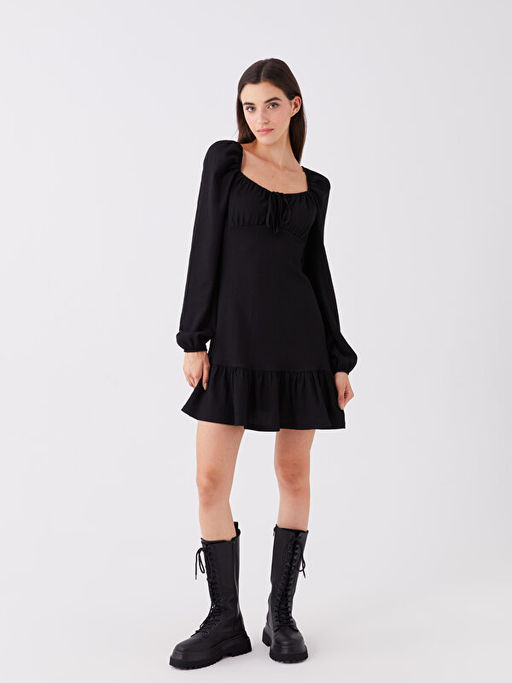 U Yaka D?z Uzun Kollu Elbise