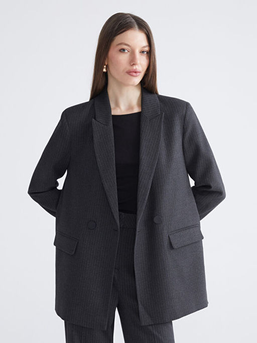 Kruvaze Yaka ?izgili Kad?n Blazer Ceket