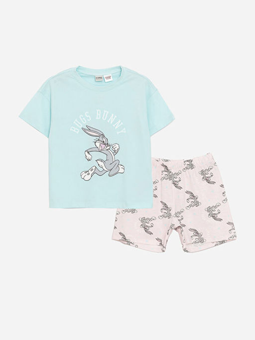 Bisiklet Yaka Bugs Bunny Bask?l? K?sa Kollu K?z ?ocuk ?ortlu Pijama Tak?m?