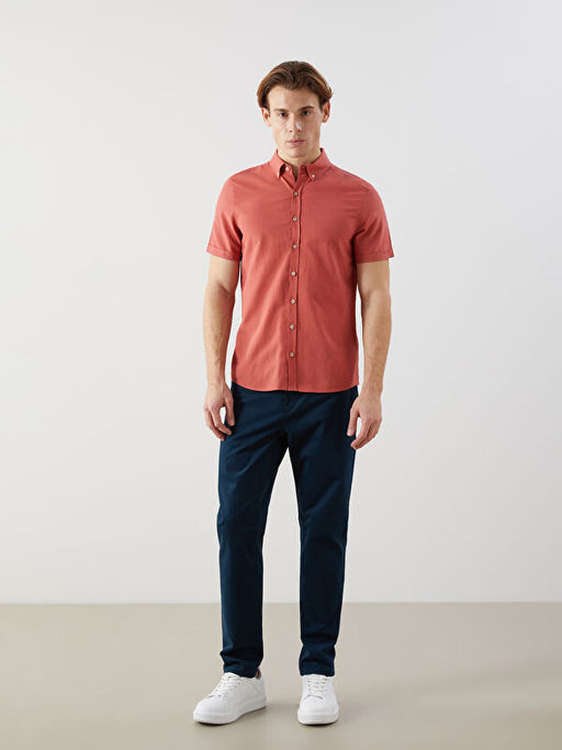 Slim Fit K?sa Kollu Keten Kar???ml? Erkek G?mlek