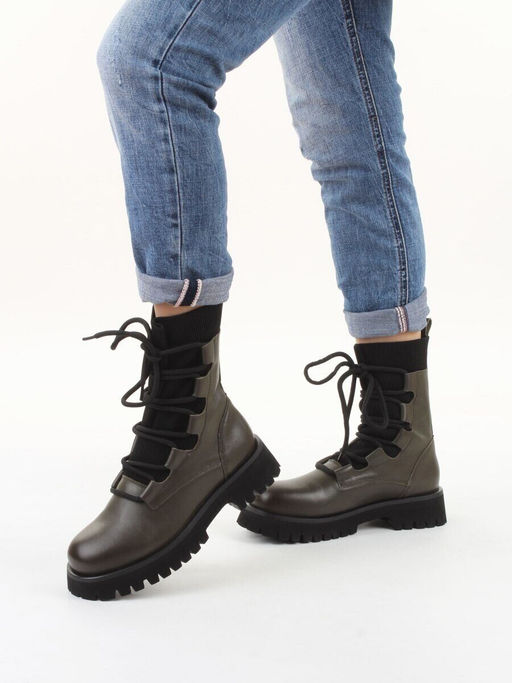 01-XKL21-195R DK. GREEN Ботинки демисезонные женские (натуральная кожа, байка)