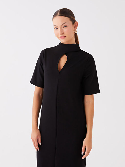 Dik Yaka D?z K?sa Kollu Elbise