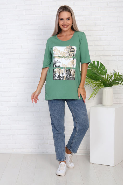 Футболка удлиненная с рисунком листья пальмы, Арт. 786