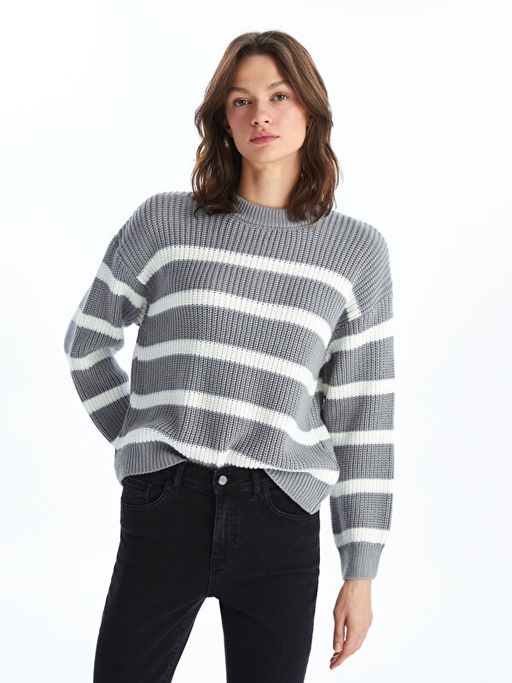 Bisiklet Yaka ?izgili Uzun Kollu Oversize Kad?n Triko Kazak