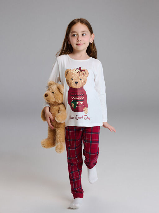 Ay? Teddy Bask?l? K?z ?ocuk Pijama Tak?m? Aile Kombini