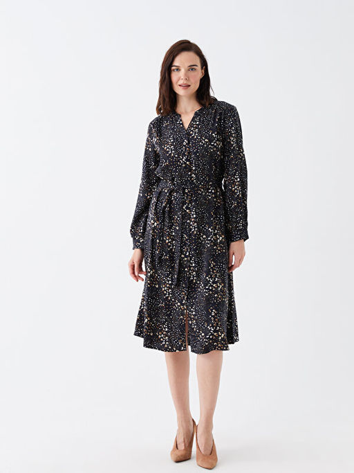 Ka??k Yaka Desenli Uzun Kollu Kad?n G?mlek Elbise