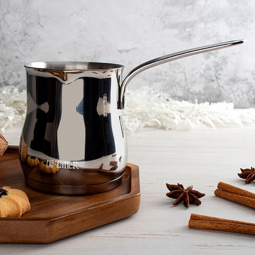 Турка из нержавеющей стали 0,7л "Софи" д9,5см, h11,2см, s0,8мм, дно д9,1см, s4мм, полировка внешняя - зеркальная, внутренняя - матовая, прутковая ручка из нержавеющей стали на сварке 11,5см, отверстие для подвешивания, "TalleR" (Китай) Подходит для в