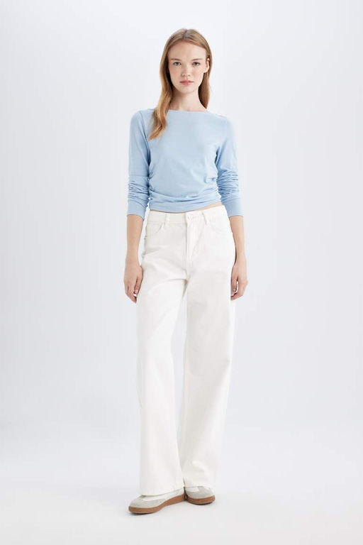 Женская базовая однотонная футболка с вырезом лодочкой и длинными рукавами - Defacto фото 2