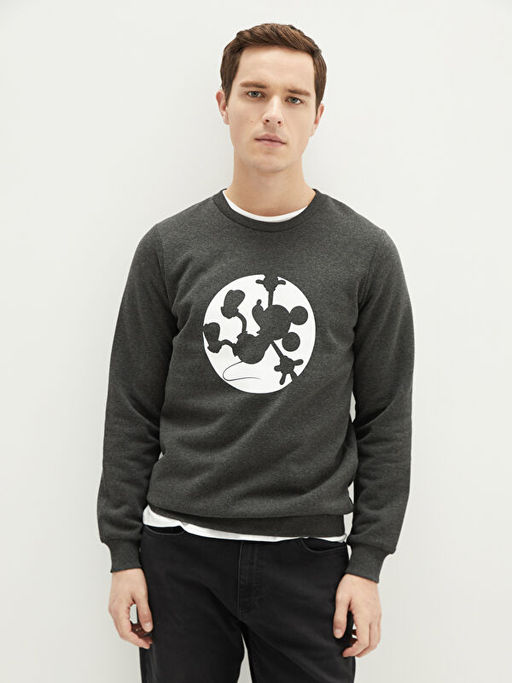 Bisiklet Yaka Uzun Kollu Mickey Mouse Bask?l? Erkek Sweatshirt