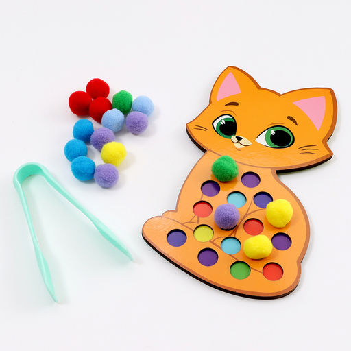Сортер деревянный «Котёнок» с помпонами и пинцетом, 15×21 см