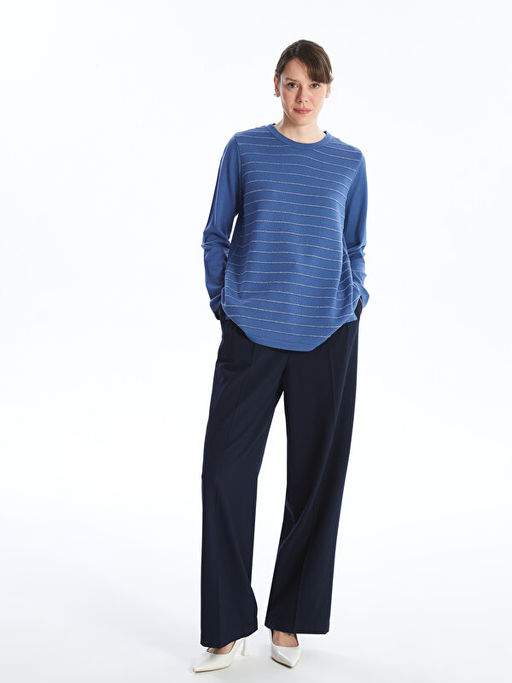 Bisiklet Yaka ?izgili Uzun Kollu Kad?n Triko Kazak