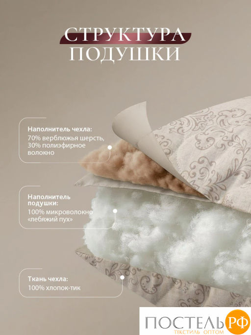 Подушка стеганая CASSIA КАЛАХАРИ хл./вербл.шерсть/микровол.  фото 4