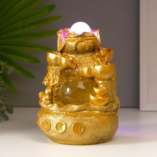 Фонтан настольный от сети, подсветка "Мешок с золотыми слитками" золото 21х15х12 см