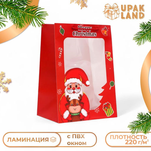 Пакет подарочный новогодний ламинированный, с окномДед мороз, 25?35?18 см