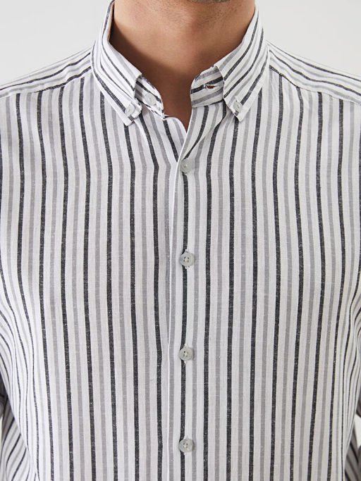 Regular Fit Uzun Kollu ?izgili Keten Kar???ml? Erkek G?mlek