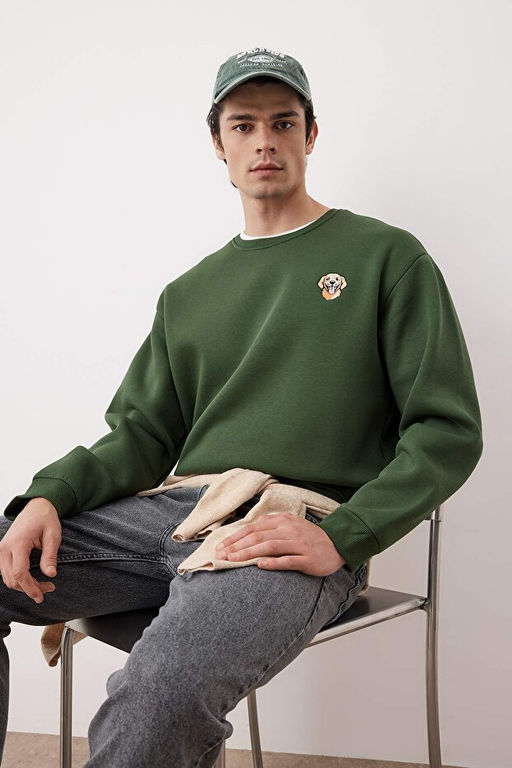 Haki Bisiklet Yaka Oversize/Geni_ Kesim __i Polarl_ K_pek Nak__ Sweatshirt TMNAW24SW00064