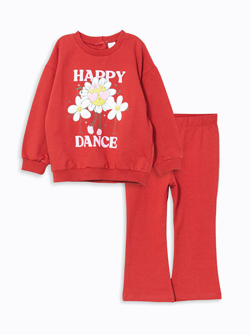Bisiklet Yaka Uzun Kollu Bask?l? K?z Bebek Sweatshirt ve Tayt 2li
