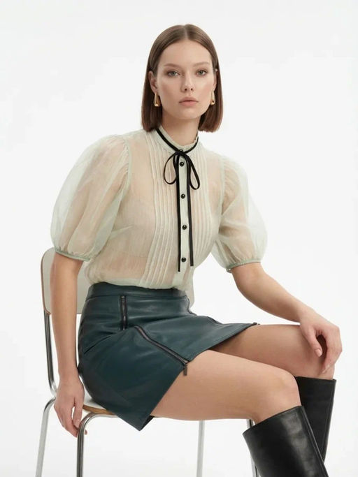 Юбка короткая из эко-кожи с молниями OD-1004-2, зеленая