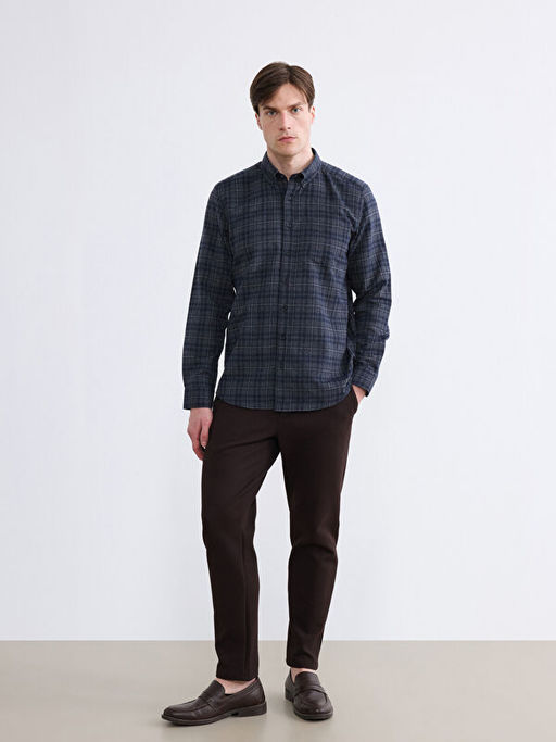 Regular Fit Y?n Kar???ml? Gabardin Erkek Ekose G?mlek