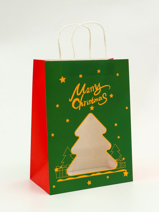 Цена за 2 шт. Пакет подарочный бумажный, с окном «Ёлка» 26×35×16 см, крафт зеленый