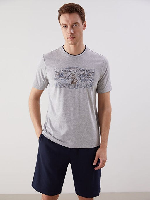 Bisiklet Yaka Bask?l? Penye Erkek Ti??rt