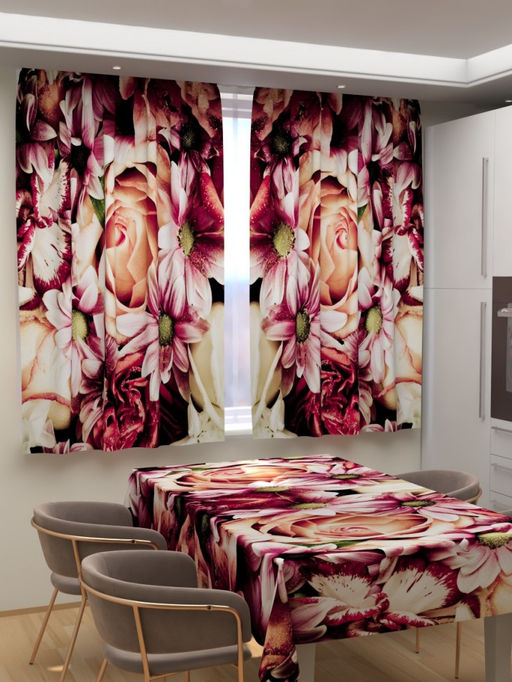 Фотошторы для кухни Контрастный букет Шторы (Габардин)+Скатерть (145*200)