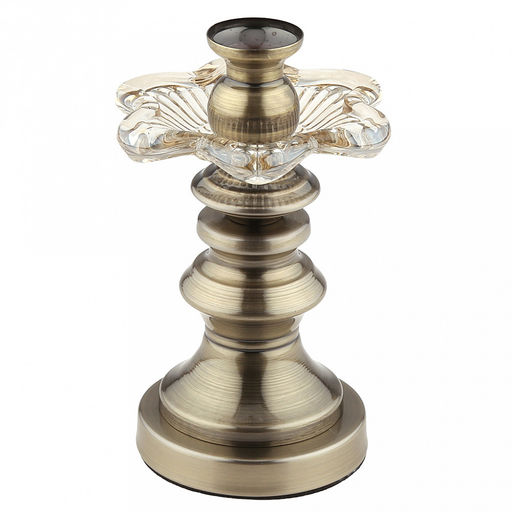 Подсвечник стеклянный "Нарцисс" h15см, д10см, чаша д3,3см, h4см, нескользящее основание д8см, металлическая ножка, бронзовый, в коробке (Китай)