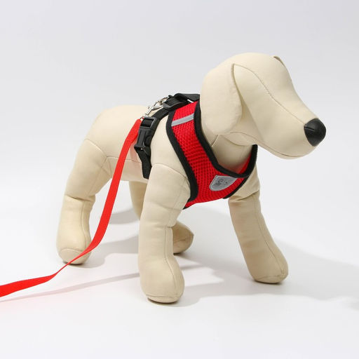 Шлейка дышащая с поводком и светоотражающей нашивкой, M, ОШ 33, ОГ 32-43, красная - Пушистое счастье фото 5