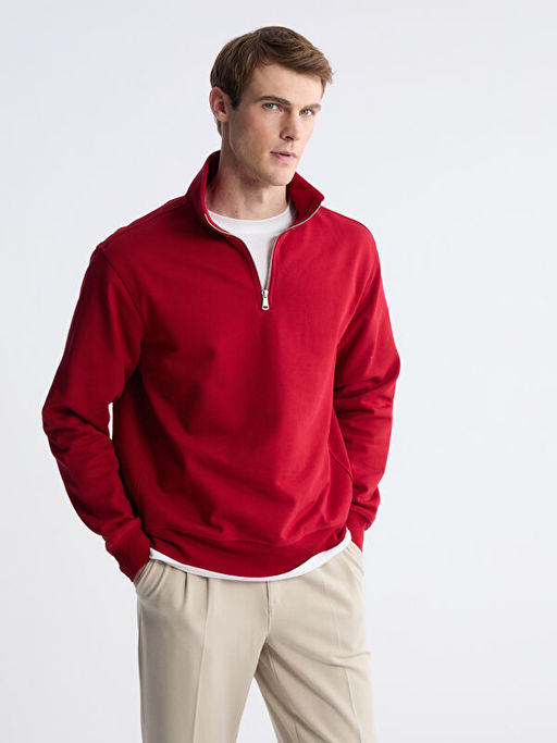 Fermuarl? Dik Yaka Erkek Kal?n Sweatshirt