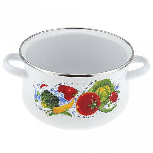 "Овощной фреш" Кастрюля эмалированная 2л, д17см, h12,5см, коническая форма, металлическая крышка, ободок из нержавеющей стали, белый (Россия)
