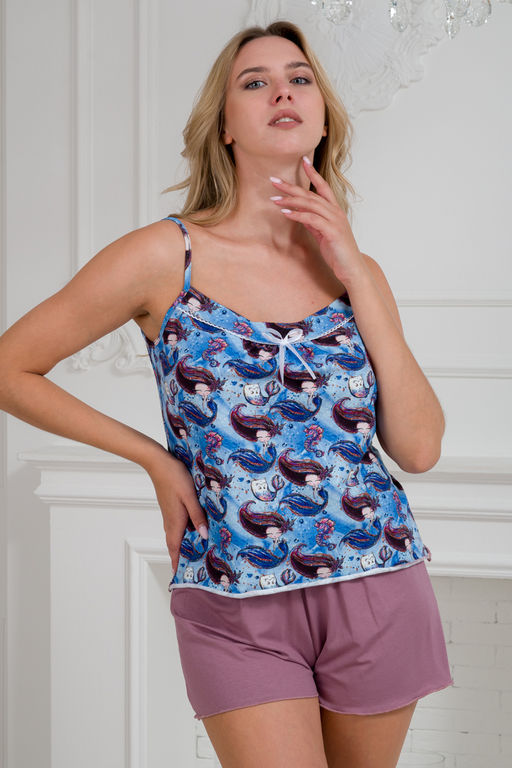 Пижама женская из топа на бретелях и шорт из кулирки с лайкрой Fairy-tale русалки, розовый - Амадэль фото 11