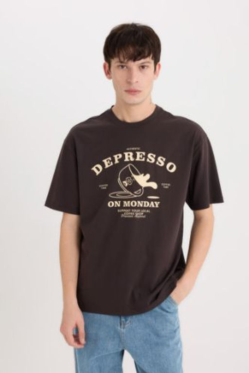 Boxy Fit Bisiklet Yaka Bask?l? K?sa Kollu Tisort