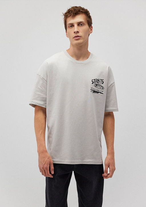 S?rt Bask?l? Gri Tisort - Mavi фото 3