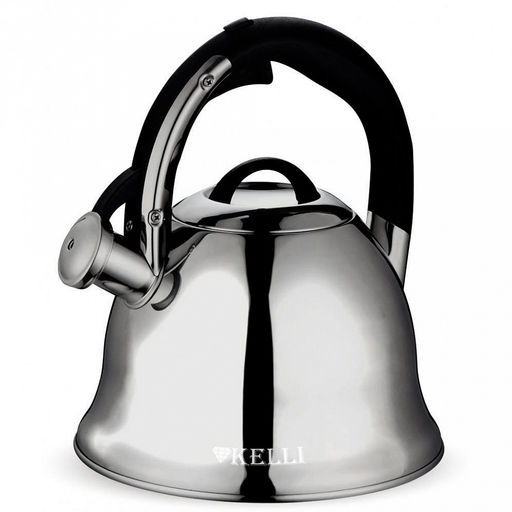 Чайник из нержавеющей стали "Kelli" 3л, со свистком, капсульное дно, зеркальная полировка, пластиковая ручка (Китай) Подходит для всех видов плит.