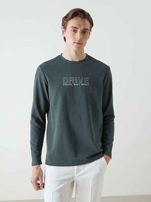 Bisiklet Yaka Uzun Kollu Bask?l? Erkek Sweatshirt