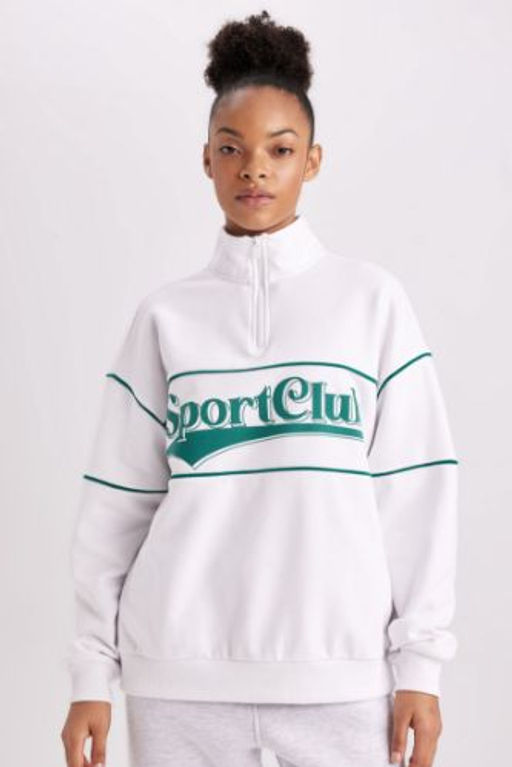 DeFactoFit Oversize Genis Kal?p Bask?l? Kapusonlu Kal?n Sporcu Sweatshirt