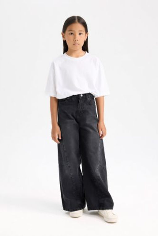 K?z Cocuk Y?lbas? Temal? Wide Leg Kargo Genis Paca Jean Pantolon
