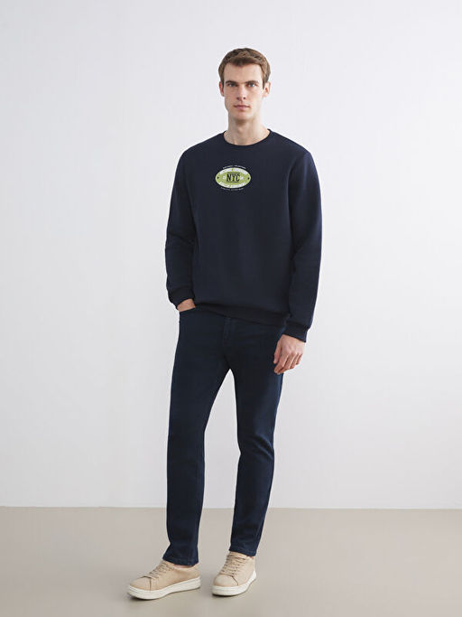 Bisiklet Yaka Bask?l? Erkek Sweatshirt