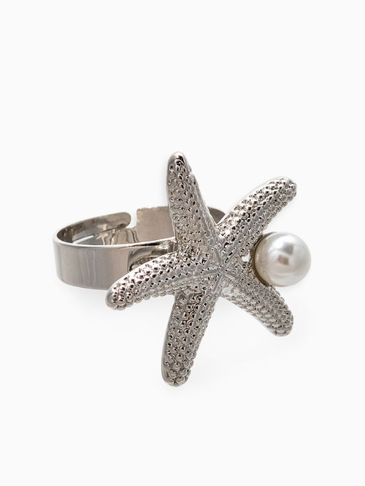 Кольцо "Морская звезда" с бусиной, безразмерное, цвет белый в серебре