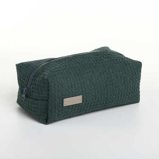 Косметичка женская на молнии TEXTURA, объёмная, большая, мягкая, вафельная текстура, зелёная  фото 4