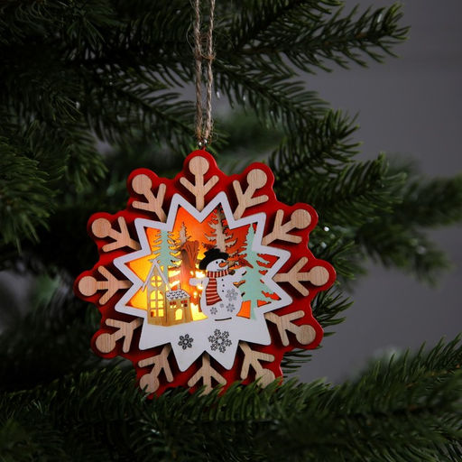 Ёлочная игрушка Снежинка со снеговиком, 10х10 см, 1 LED, от батареек, свечение тёплое белое