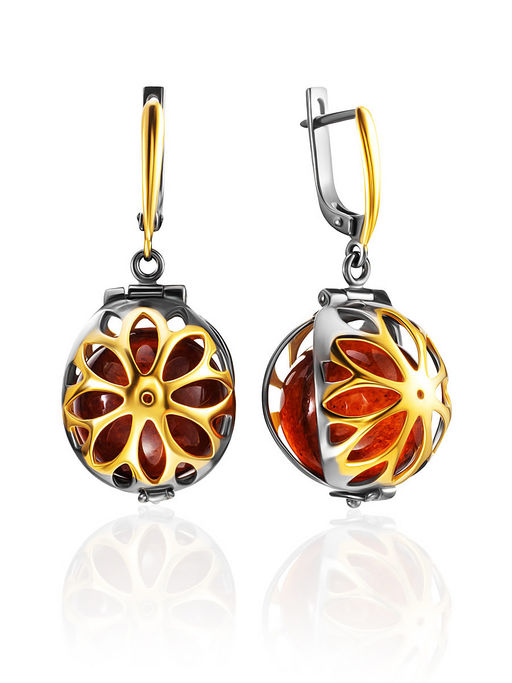 Необычные крупные серьги-локеры с натуральным коньячным янтарём