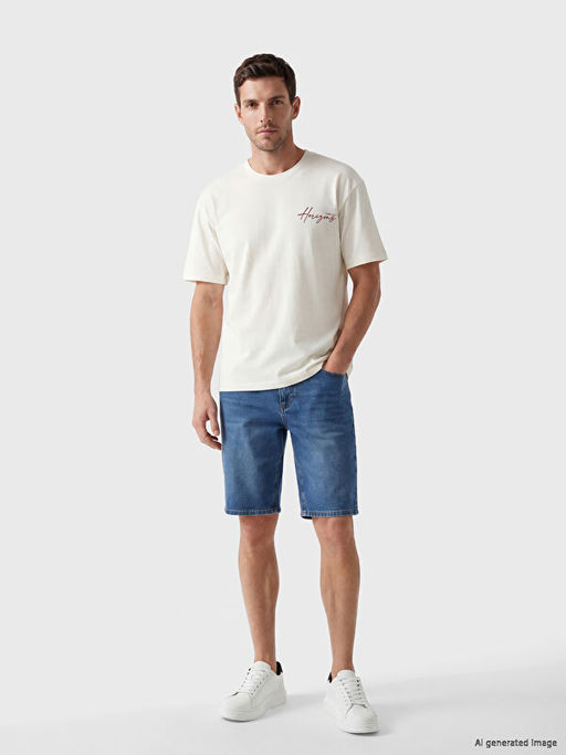 Oversize Bisiklet Yaka Bask?l? Penye Erkek Ti??rt