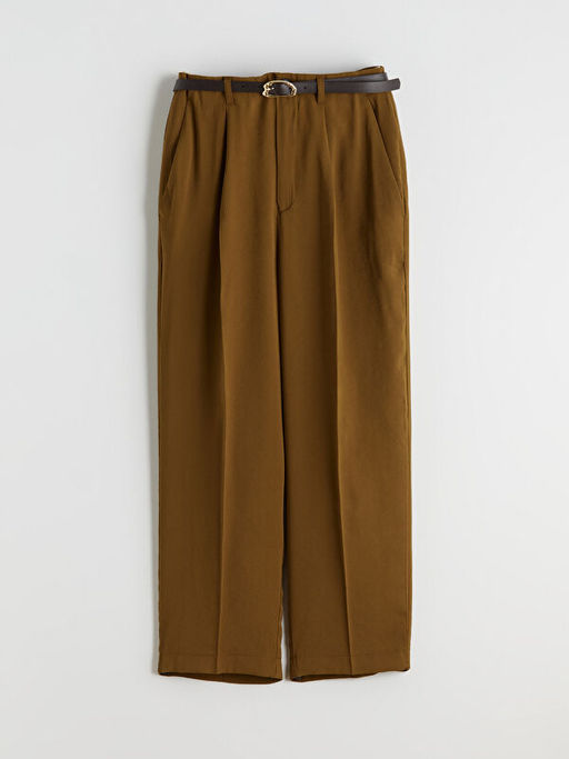 Beli Kemerli Loose Fit Kad?n Pileli Pantolon