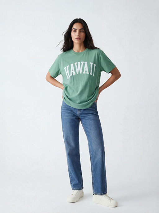 Bisiklet Yaka Hawaii Bask?l? Kad?n Ti??rt