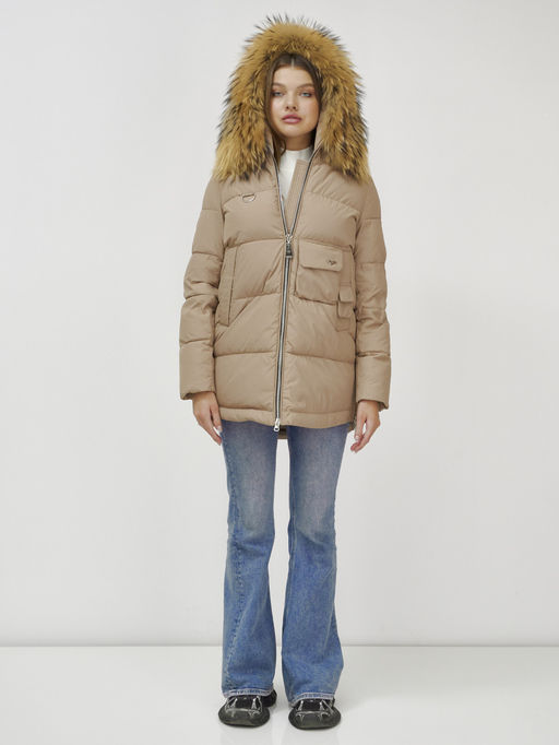Куртка Бренд Visdeer ПРЕМИУМ КЛАССА зимняя с мехом ЕНОТА, бежевого цвета  фото 6