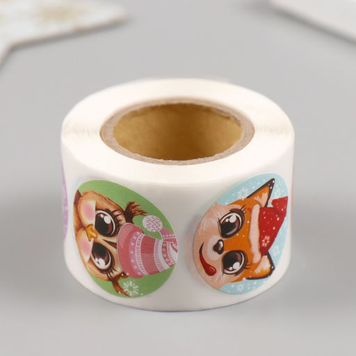 Цена за 2 шт. Наклейка бумага Дед Мороз и лесные звери, d=2.5 см, 252 шт. в рулоне - Арт узор фото 3