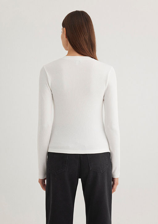 Uzun Kollu Dugme Detayl? Ekru Tisort - Mavi фото 4