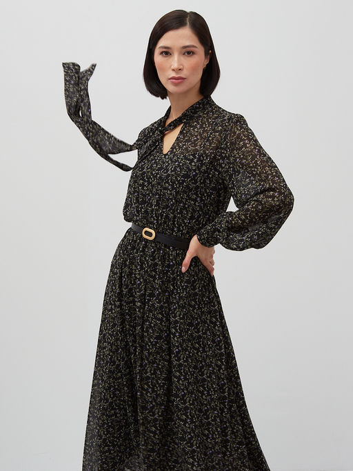 Платье ШИФОН резинка+галстук  черное в мелкий цветок - Tantino фото 9