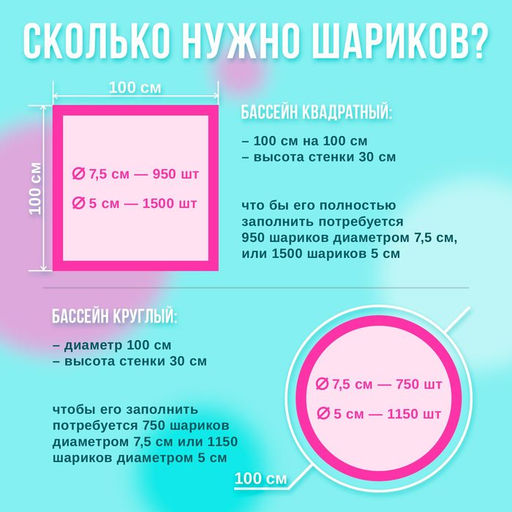 Шарики для сухого бассейна, 100 штук, цвета бирюзовый, маджента, белый перламутр, диаметр шара — 7.5 см